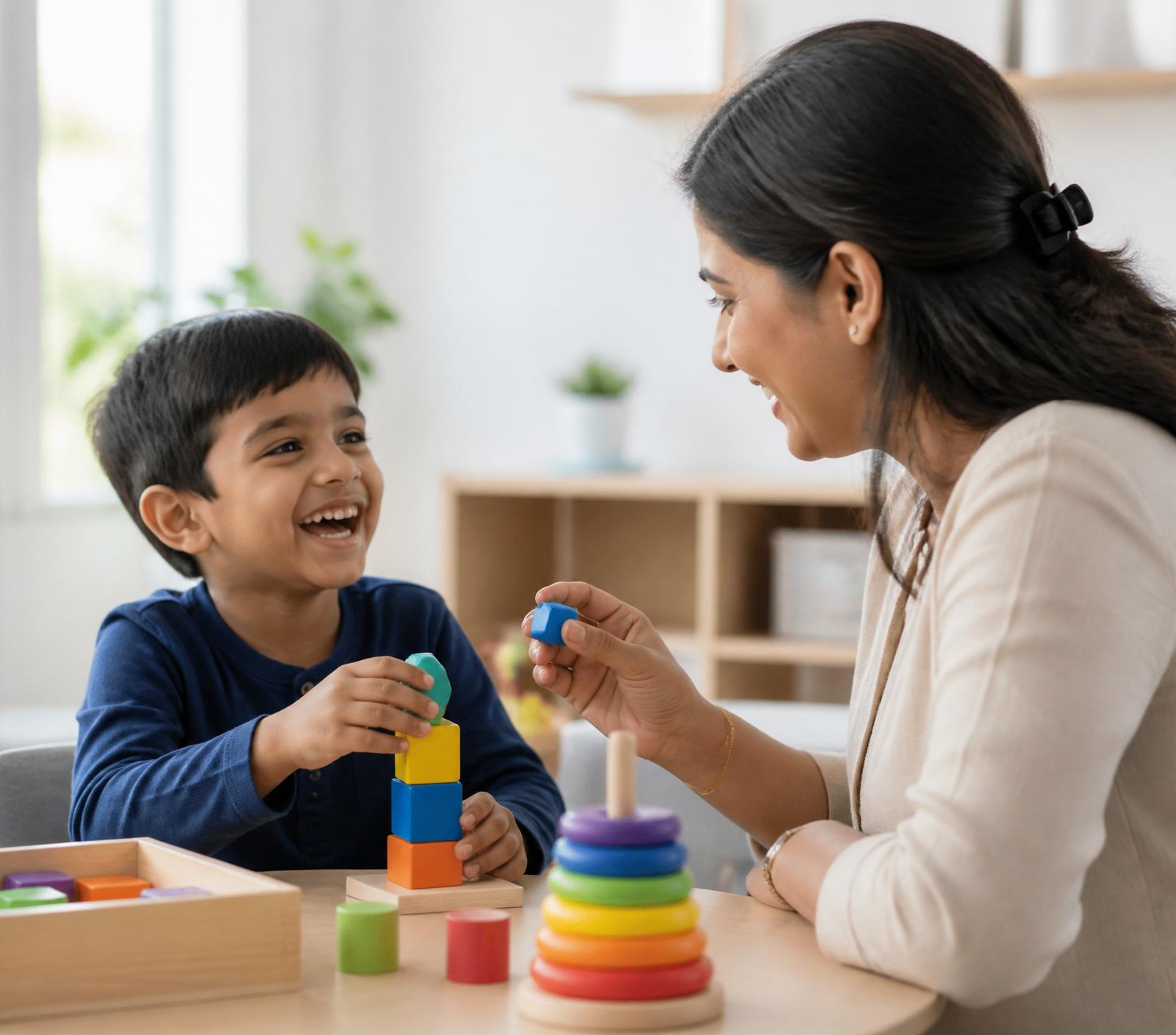 A joyful child laughing with a therapist during a play-based session